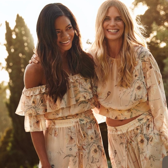 H&M hm Off the Shoulder Ruffle Beige Pink Yellow Floral Print Chiffon Top 2 NWT - Picture 11 of 16